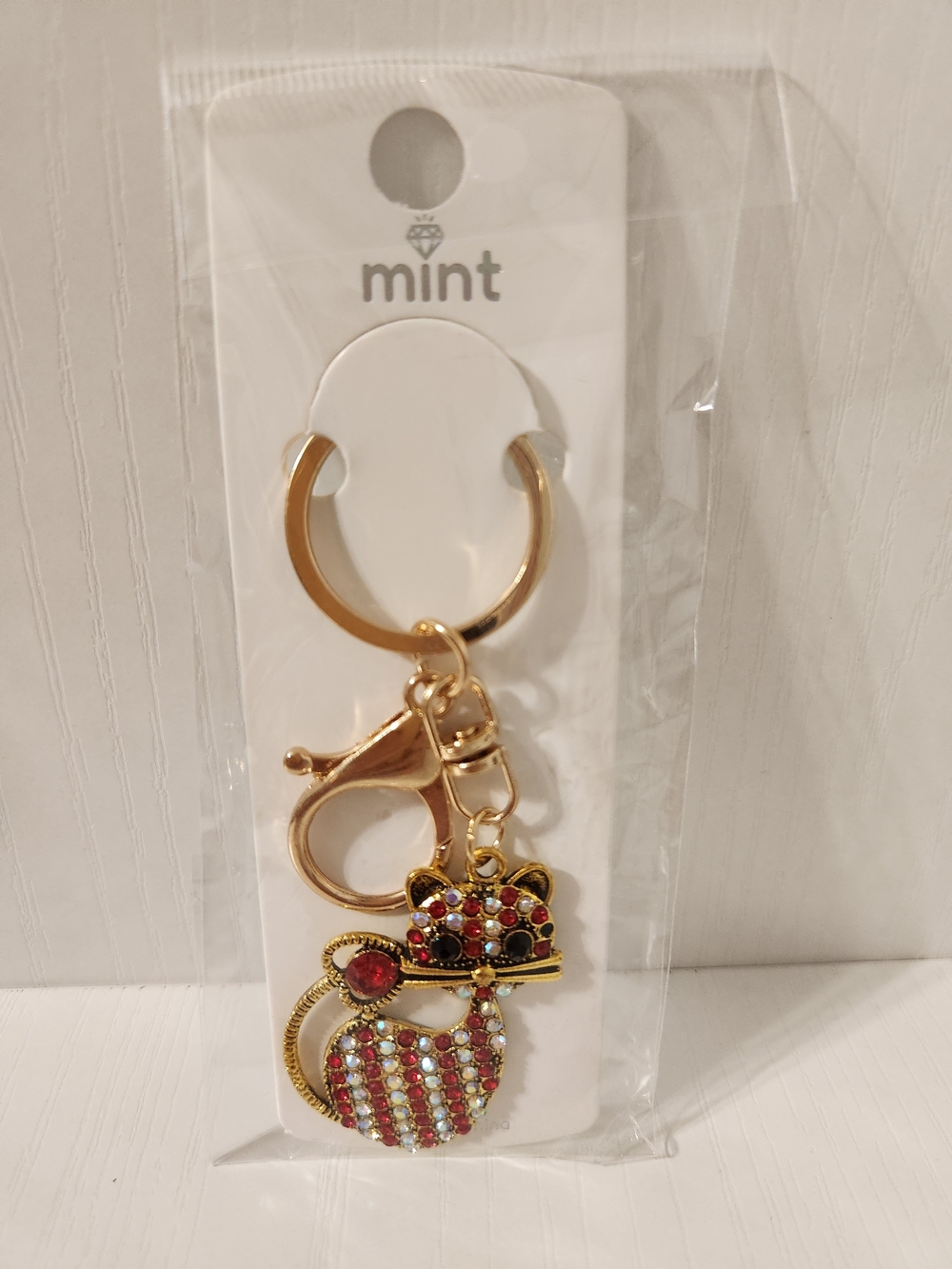 Mint Gold-Tone Cat Keychain with Red and Multicolored Crystals